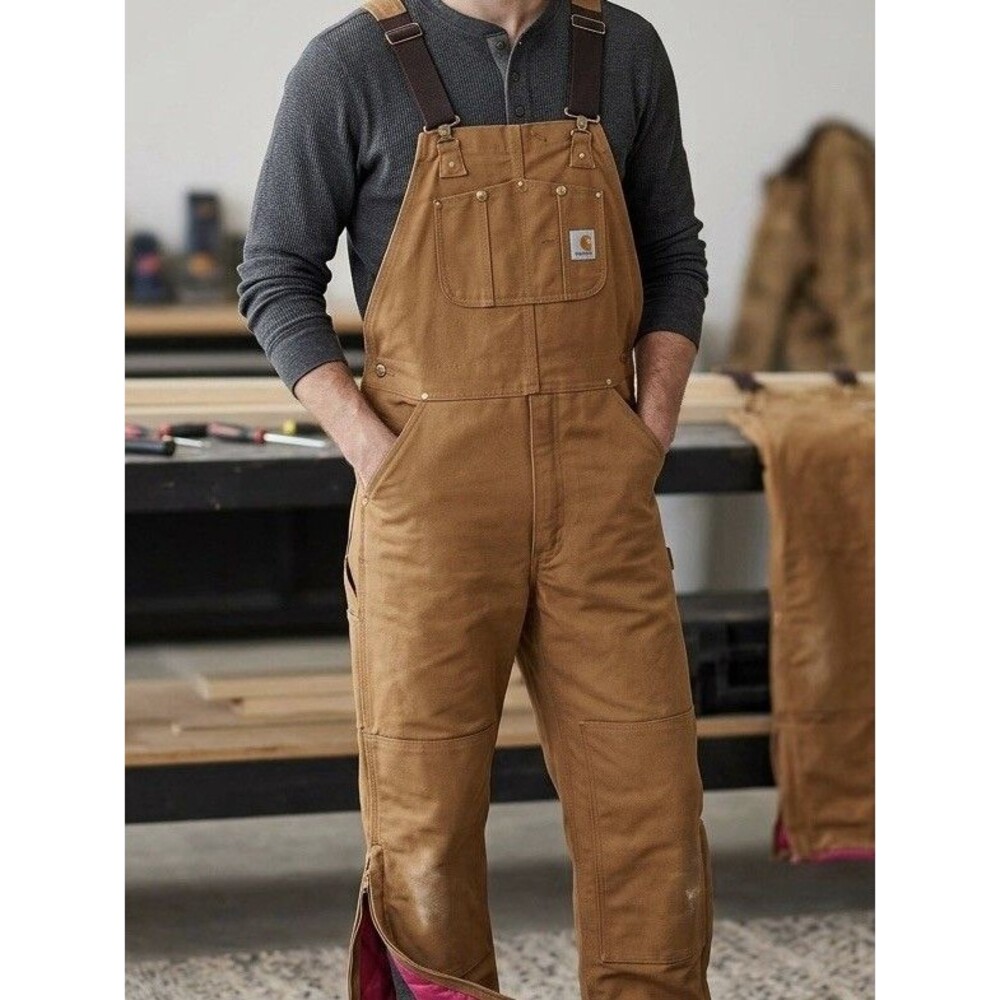 Carhartt Men's Brown Canvas Insulated Bib Overalls Quilted Lined Zip Leg - Picture 2 of 6